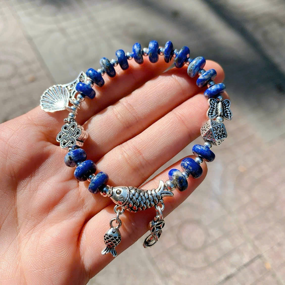 Vòng đá Lapis mix charm bạc 925 đẹp